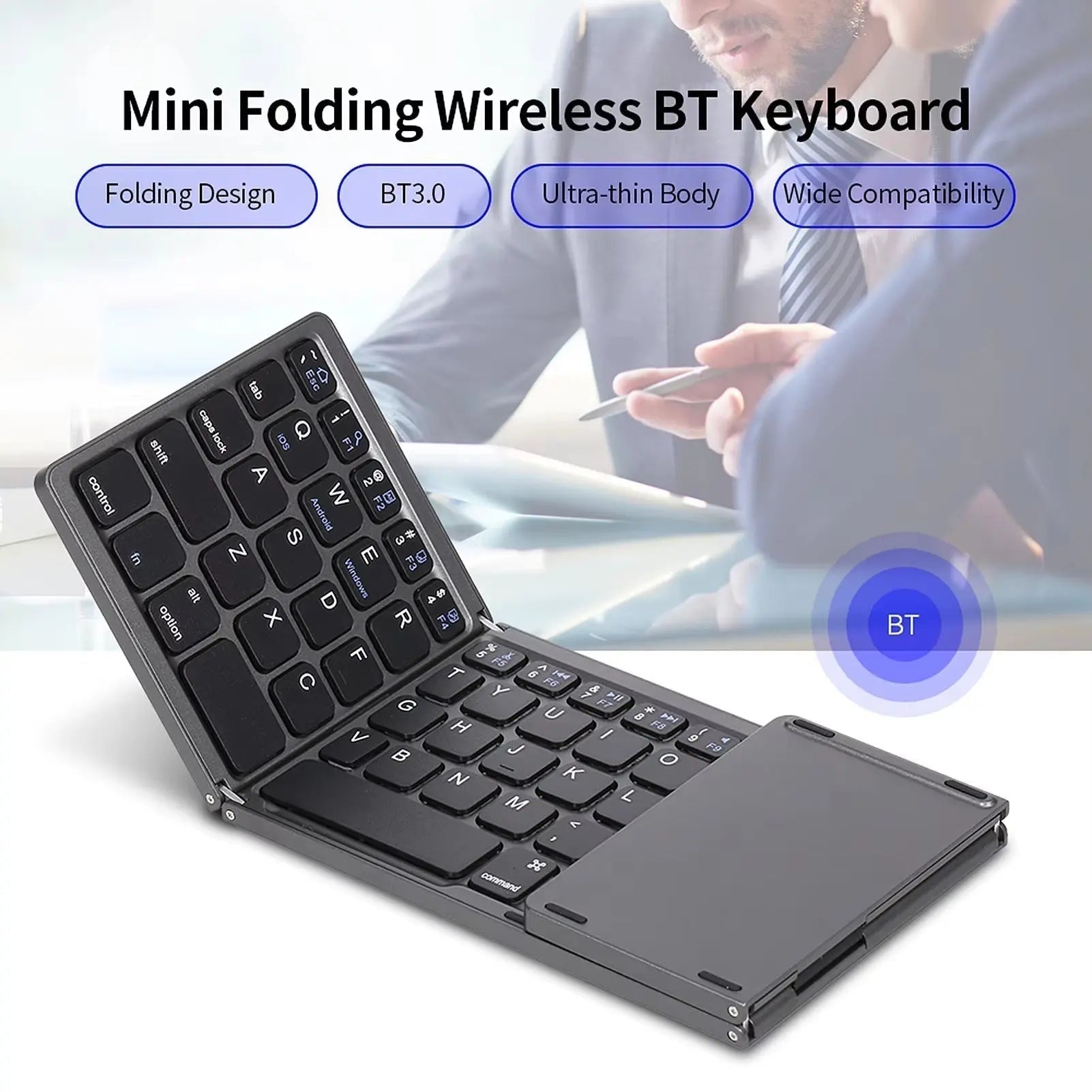 Mini folding wireless Bluetooth keyboard with touchpad, ultra-thin body, stylish grey design, compatible with Windows, Android, iOS, wide compatibility.