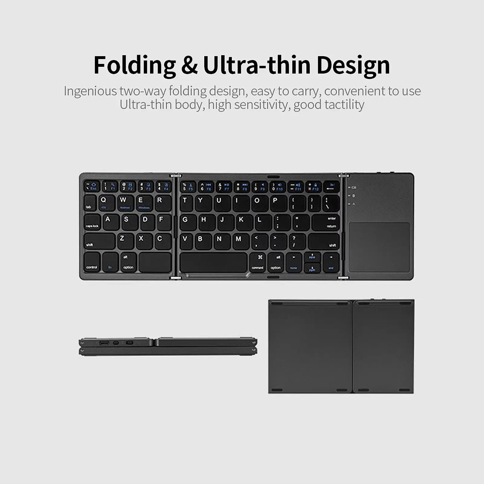 Ultra-thin foldable wireless Bluetooth keyboard with touchpad, compatible with Windows, Android, and iOS in a stylish grey design.