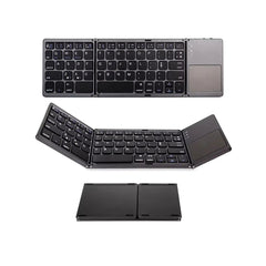 Sleek foldable wireless Bluetooth keyboard with touchpad in stylish grey, compatible with Windows, Android, and iOS devices.