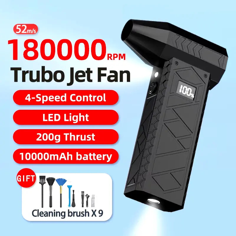 Turbo Jet Mini Air Duster with 180,000 RPM, adjustable wind speed, LED light, and rechargeable design for efficient cleaning.