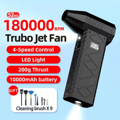 Turbo Jet Mini Air Duster with 180,000 RPM, adjustable wind speed, LED light, and rechargeable design for efficient cleaning.