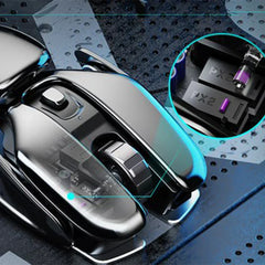 Silent wireless gaming mouse with waterproof aluminum design and USB receiver.