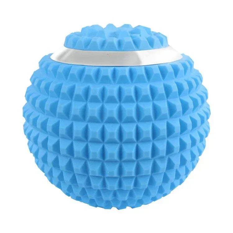 Blue vibrating electric massage ball for foot pain relief, ideal for gym, home training, and yoga.