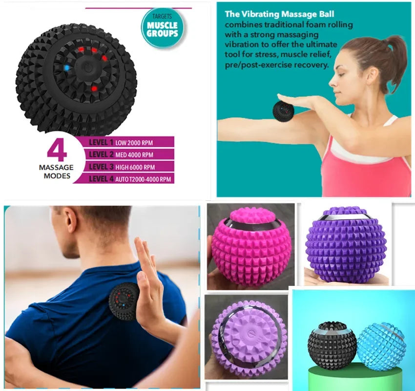 Vibrating electric massage ball for foot pain relief and muscle recovery with 4 adjustable vibration levels, ideal for gym and yoga.