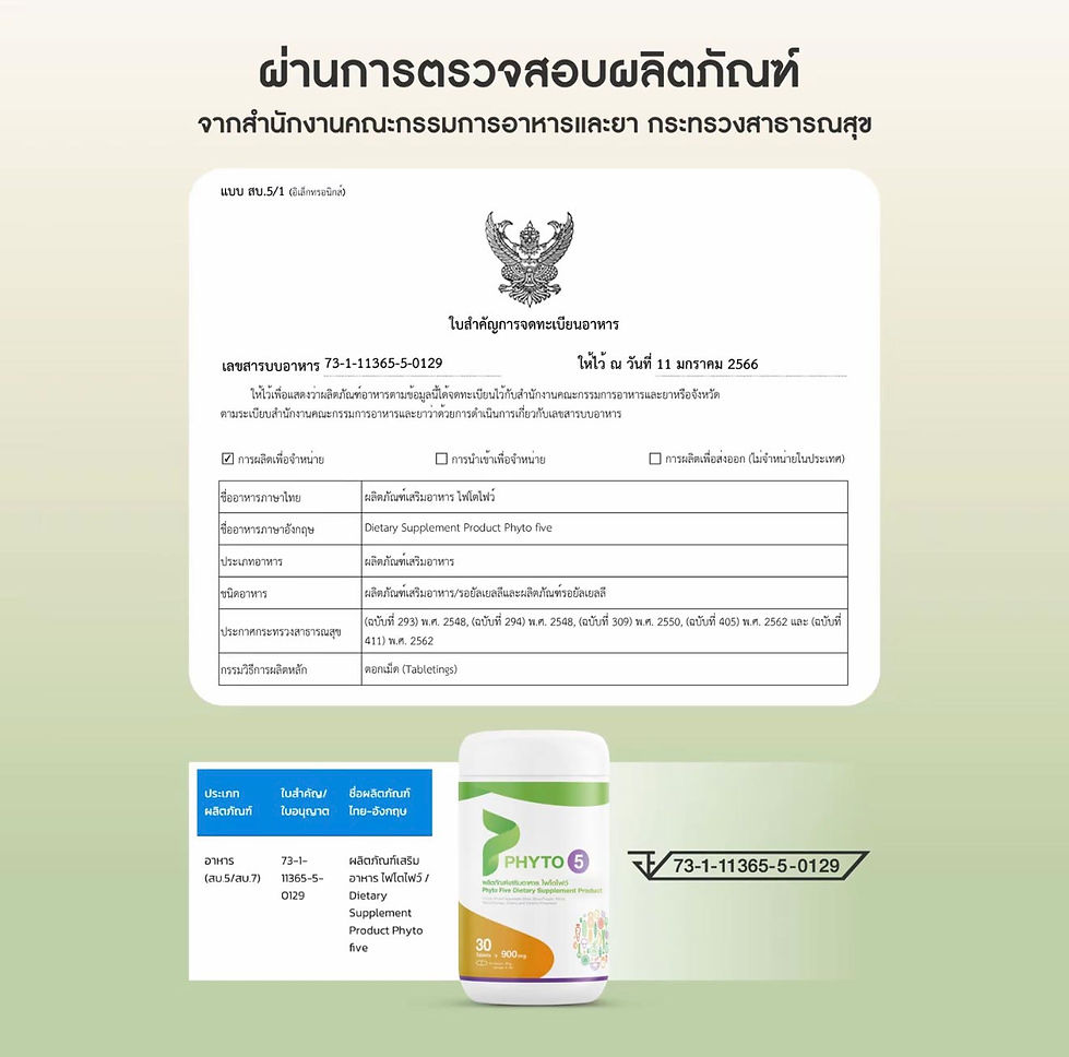 ใบสำคัญการจดทะเบียนอาหาร ไฟโตไฟว์ / Phyto Five food registration certificate