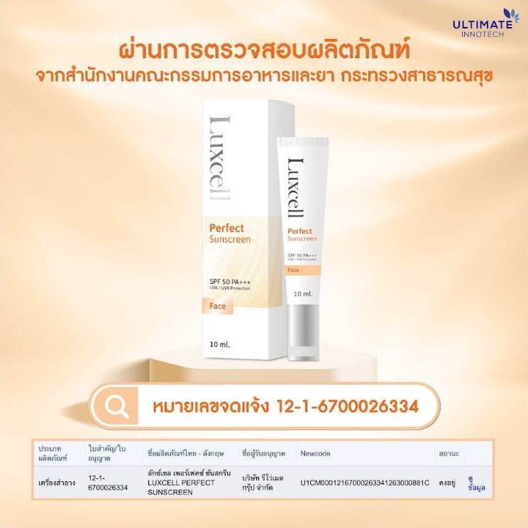 Luxcell Perfect Sunscreen Thai cosmetic registration